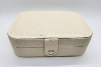 Cream Faux Leather Mini Travel Jewelry Organizer With Anti Stretch Interior