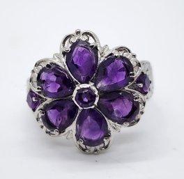 Amethyst Floral Ring In Stainless Steel