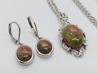 Unakite Pendant With Stainless Steel Necklace & Dangle Earrings