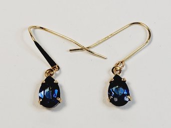 Beautiful 14k Yellow Gold Deep Blue Stone Drop Earrings