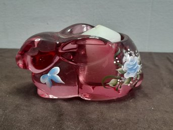 Ruby Glass Bunny Candle Holder With Painted Flowers