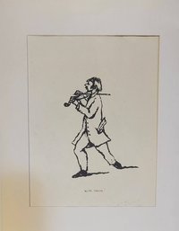 Original Drawing In Ink Of Man With Violin Unframed 'With Verve'