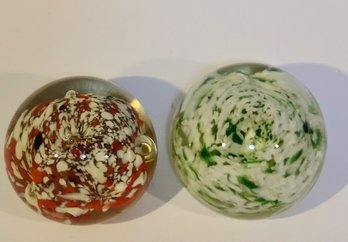 Hand Blown Green And Red Art Glass Paperweights