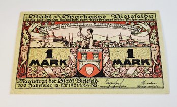 Antique.... 1920s Notgeld  1 Mark Bank Note German German For 'emergency Money' UNC Condition