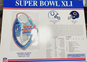 Super Bowl XLI 2007  Willabee & Ward Jersey Patch And Score Card - IND Colts Vs CHI Bears