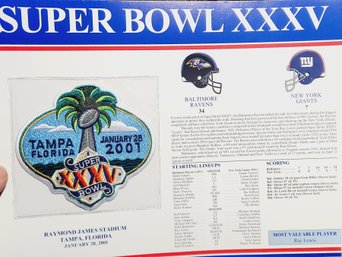 Super Bowl XXXV 2001  Willabee & Ward Jersey Patch And Score Card - BALT  Ravens Vs NY Giants