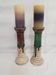 Drip Glaze Ceramic Pillar Candle Holders With Candles