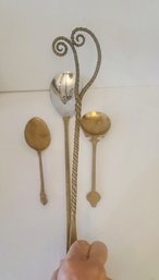 Mid-century Serving Tongs And Two Vintage Brass Spoons