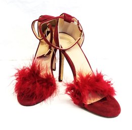 MMJULY Women's Open Toe Ankle Strap Fluffy Feather Stiletto High Heels Size 8