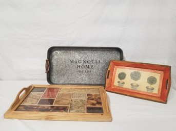 Trio Of Wooden & Metal Trays With Handles