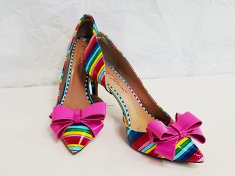 Adorable Betsey Johnson Relay 'Taste The Rainbow' Striped Pink Bow Stiletto Heels  Size 8.5