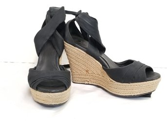 Women's UGG Lucianna Black Mid Calf Ankle Tie & Open Toe Espadrille Wedge Heel Sandals  Size 8