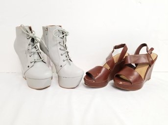 Women's Brown Platform Wedge Sandals & Gray Platform Mega High Heel Booties Sizes - 8.5/9