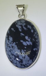 Silver Plated Snowflake Obsidian Pendant ~ 1 5/8  1 1/16