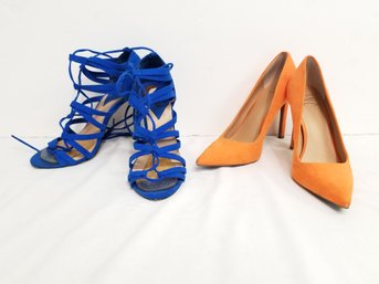 Women's Forever 21 Electric Blue Gladiator Heels And INC Macy's Orange Pointed Toe Pumps Sizes 8.5