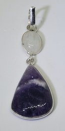 Silver Plated Amethyst & Moonstone Double Pendant ~ 1 1/2 X 9/16