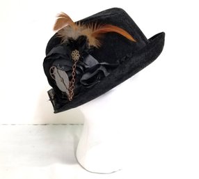 Women's Unique Steam Punk Black Felt Hat With Feathers & Gears By Topper Originals OS