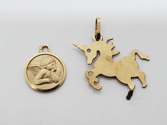 Two Vintage 14K Yellow Gold Small Charms - Unicorn & Cherub  (Bag D)