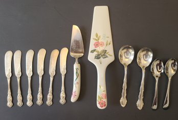 Butter Knives, Porcelain Serving Pieces, Spoons By Rogers And Co. And Sheffield (12 Pieces Total)