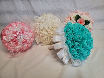 Four Never Used Handmade Faux Rose Floral Wedding Bridal Bouquets