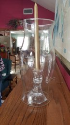 (2) Hurricane Glass, Glass Candle Stick Holders And Candles, 12'