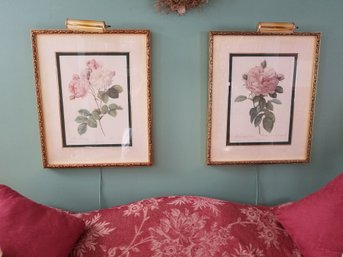 Beautiful Pair Of Floral Prints With Lights, Silk Fabric Matting - The Bombay Company