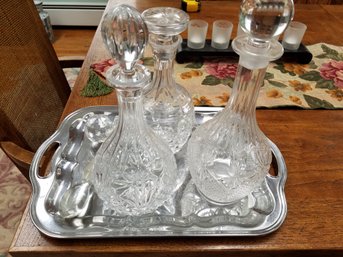 Lot Of Crystal Decanters, Stoppers And Tray