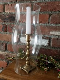 Pair Of Brass Candle Sticks With Hurricane Glass (2)