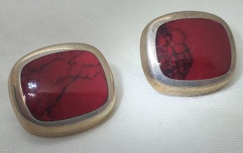 Beautiful Pair Of Heavy Vintage Taxco Sterling Silver Red Jasper Clip On Earrings