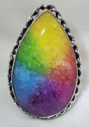 Silver Plated Size 7 Rainbow Solar Quartz Ring ~ 1 3/8' X 3/4'