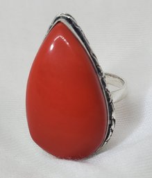 Silver Plated Size 7.5 Red Coral Teardrop Ring ~ 1' X 5/8'