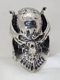 Huge Silver Tone Size 7 Biker Skull Ring ~ 1 3/8' X 1'