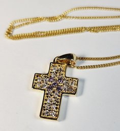 Vintage Gold Over Sterling Silver Studded Cross Pendant And Necklace