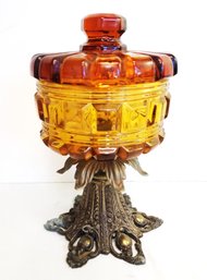 Unique Vintage Bohemia Amber Glass Footed Candy Dish Made In Czechoslovakia