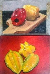 Oil On Canvas Of Cutting Board With Peppers Paired With Oil On Canvas Of Starfruit Both By E. Dibiase