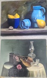 Still-life Oil Painting Of Guitar On Canvas Signed J. Rogers Paired With Still Life Of Lemons By Dibiase