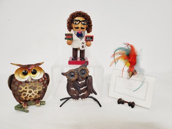 Whimsical Quartet - Best Teacher Nutcracker, Tropical Bird Frame & Metal Art Owls