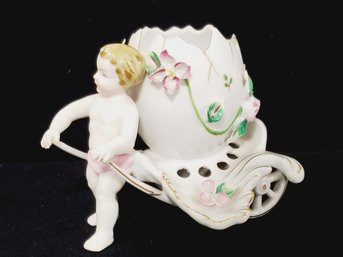 Antique German Porcelain Cherub Cracked Egg And Cart Numbered Frog Vase