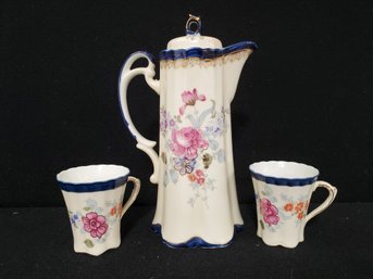 Vintage Japanese Porcelain Floral Painted Chocolate Pot With FOUR Cups