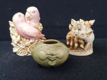 Two Harmony Kingdom Figural Trinket Boxes - Hog Heaven & Love Nest & Mini Asian Pottery Face Bowl