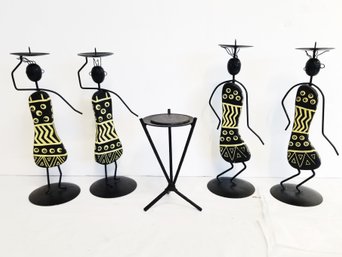 Set Of Five Unique African Tribal Metal & Wood Candlestick Holders