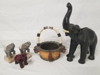 Leather Wrapped, Ceramic & Resin Elephant Statues & Basket