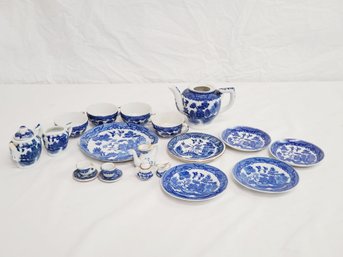 Vintage Flow Blue Transferware Porcelain Miniatures - Plates, Cups, Tea, Coffee