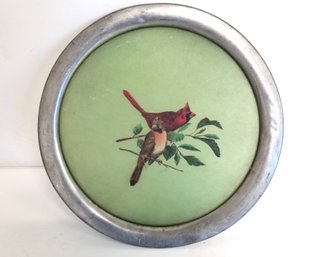 Vintage Stieff Pewter P-70 Hand Painted Red Cardinal Serving Tray Initialed By Artist