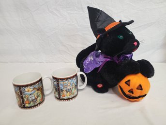 Two Debbie Mumm Sakura Spooky Town Halloween Mugs & Talking Animated Plush Halloween Black Cat