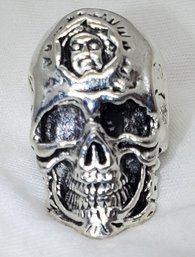 Silver Tone Size 7 Biker Skull Ring ~ 1 1/4' X 7/8'