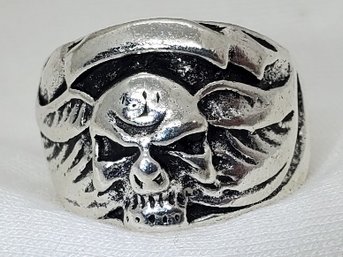 Silver Tone Size 8 Biker Skull Ring ~ 7/8' X 5/8'