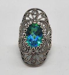 Peacock Quartz Elongated Ring In Sterling