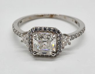 Asscher Cut Moissanite Halo Ring In Rhodium Over Sterling