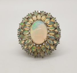 Amazing Ethiopian Welo Opal, Moissanite Ring In Platinum Over Sterling